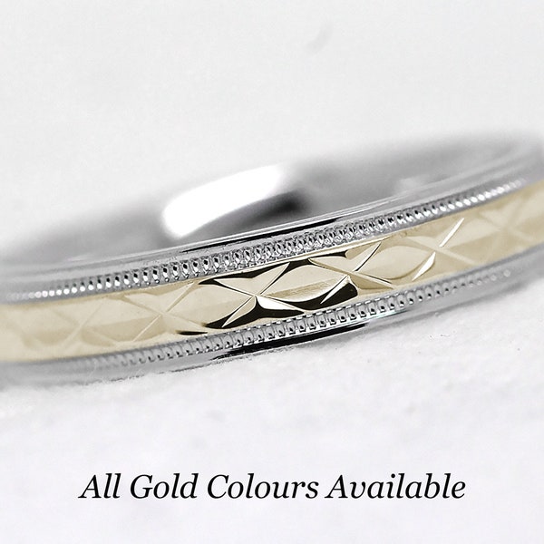 Alianza de boda de oro macizo de 10 quilates de 4 mm para hombre y mujer, bicolor, con diseño de filigrana, regalo de aniversario, anillo de compromiso facetado para hombre.