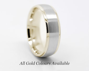 May include: A brushed silver wedding band with a thin yellow gold edge. All gold colors are available.