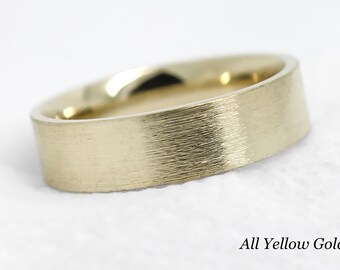 May include: A yellow gold ring with a brushed finish. The ring has a flat profile and a smooth interior. The text "All Yellow Gold" is visible at the bottom of the image.