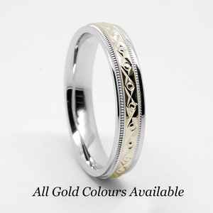 4mm 10K Solid Gold Mens Wedding Band Women, Two Tone Gold Custom Anniversary Gift, Engraved Promise Ring, Filigree Faceted Engagement Ring