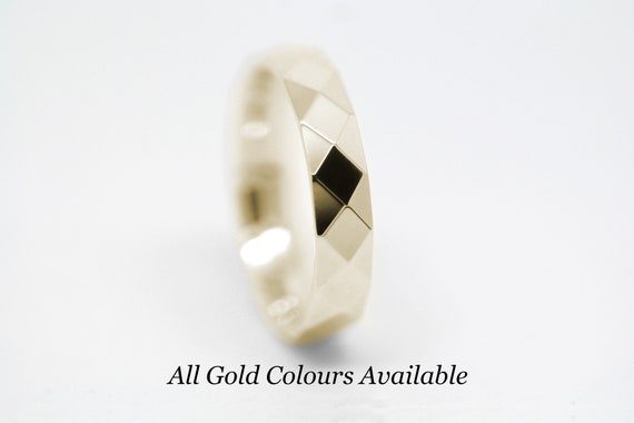 4mm Solid 10K Wedding Band Men Women, Faceted Mirrored Gold Men's Engagement Ring Anniversary Gift 10k 14k 18k
