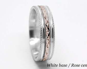 6mm Solid Gold Wedding Rings for Men & Women, 10k 14k 18k Gold Wedding Bands Filigree Rings Two tone gold Ring Engraved Ring Matching Rings