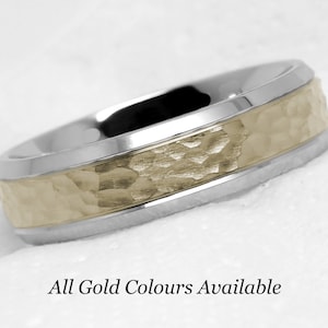 6mm Solid 10K Gold Hammered Wedding Band for Men Women, Two tone Polished Gold Ring, Classic Gold Wedding  Ring, Anniversary ring for Man