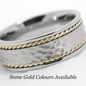 8mm Solid 10K Gold Hammered Wedding Band for Men Women, Two tone gold Ring with Yellow Gold Twists, Heavy Classic Hammered Anniversary Ring
