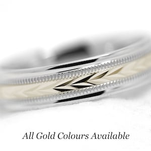 6mm Solid 10K Gold Satin Wedding Band for Men with Wheat Design, Flat Classic Filigree Wedding Ring, Two tone gold ring, Anniversary ring
