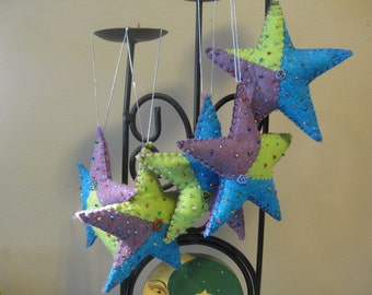 Patchwork Beaded Felt Christmas Star Ornaments - Set of 6