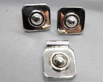 Sterling Silver Square Earring & Pendent Set, Post Earring, Geometric, Mexico Silver