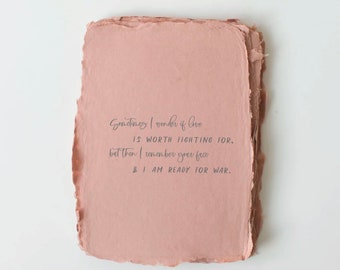 Letterpress Greeting Card made with Deckled Handmade Paper "Love Worth Fighting For"