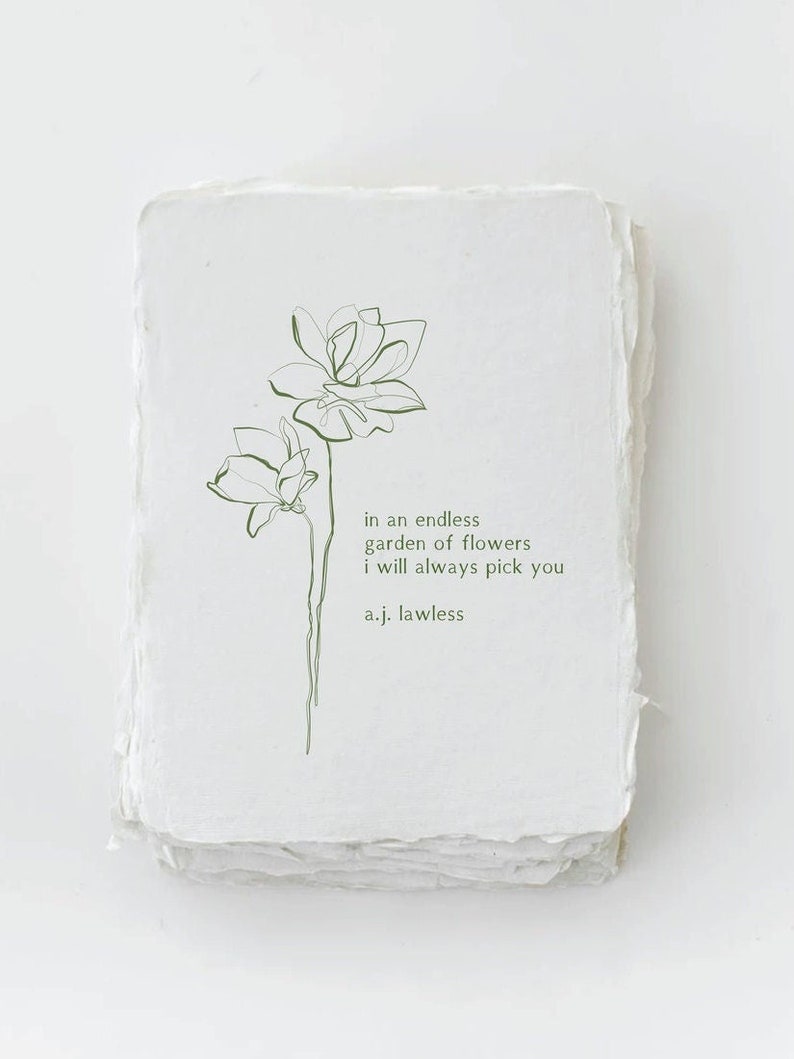 Letterpress Greeting Card made with Deckled Handmade Paper. I always pick you Love Plant Floral Greeting Card image 1