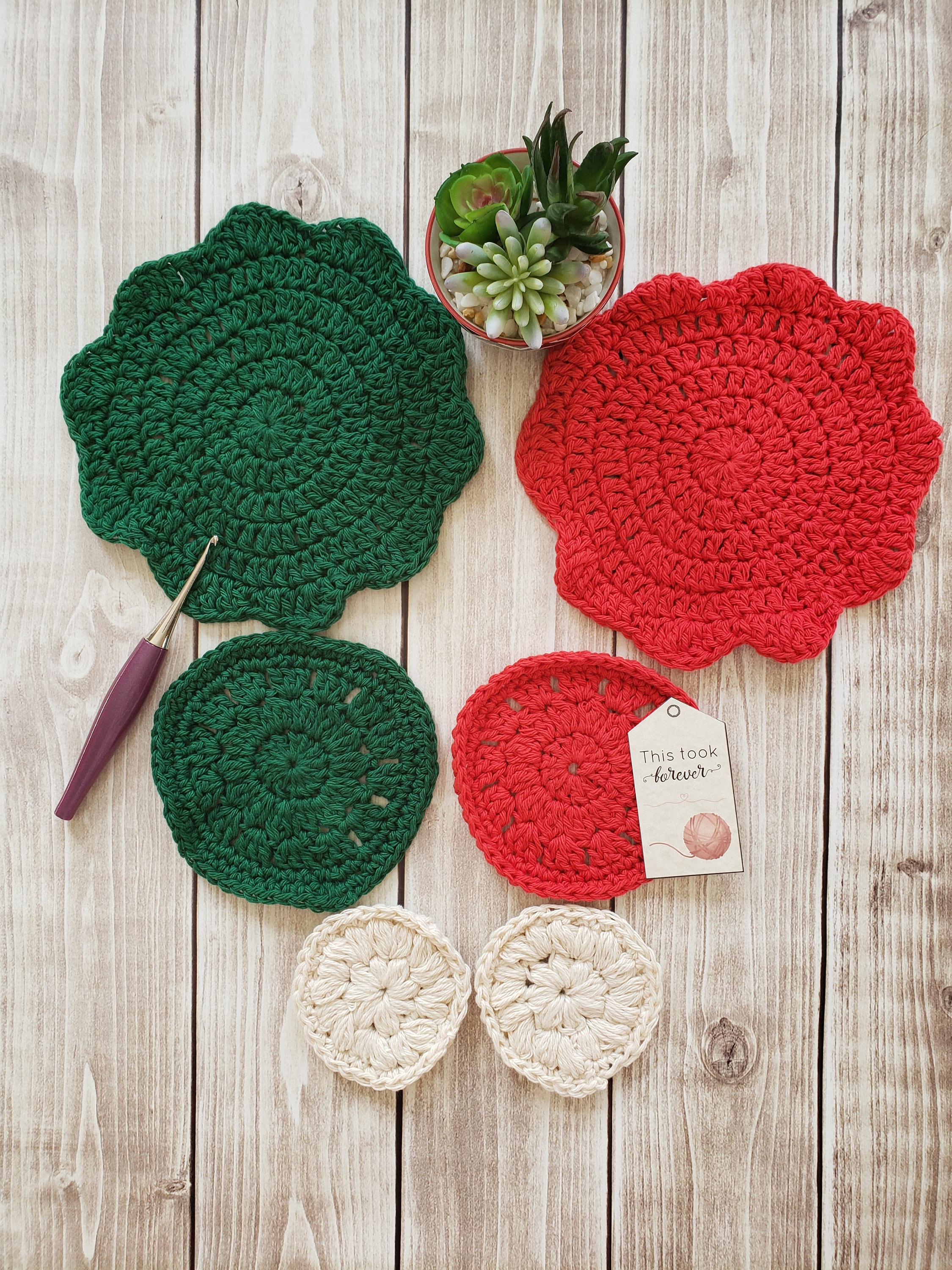 Green White Red Cotton Crocheted Washcloth Set Round Kitchen - Etsy