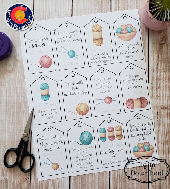 Funny Double Sided Knitting Quote Gift Tag With Blank Care Instructions - PDF File Only - Instant Download