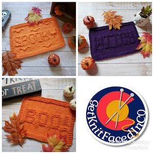 Halloween Easy Beginner Knit Projects - Spooky Witch Boo Dishcloth PDF Knitting Patterns - Instant Digital Download