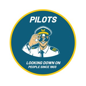 May include: A blue and yellow circular sticker with a cartoon pilot wearing sunglasses and a white uniform. The text "PILOTS LOOKING DOWN ON PEOPLE SINCE 1903" is printed on the sticker.