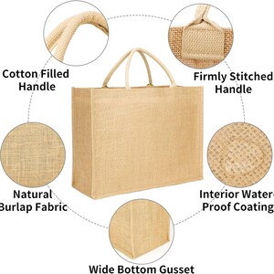 Op de afbeelding: Een rechthoekige beige jute draagtas met met katoen gevulde handvatten. De tas heeft een brede bodemvouw en een stevig gestikt handvat. De natuurlijke jute stof heeft een waterdichte binnenlaag.