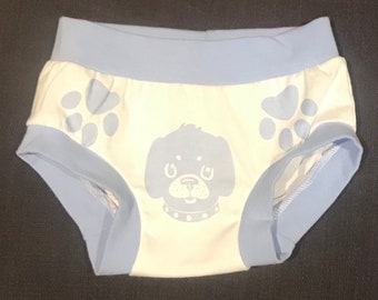 Gender Neutral/ Brief Style Underwear/ Dog Print Potty Training Underwear With Paws To Show How To Dress Correctly.