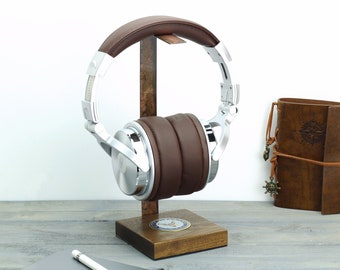 Navy Walnut Base and Metal Headphone Stand