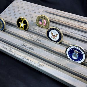 Pledge of Allegiance Wood Engraved Challenge Coin Rack - Gray