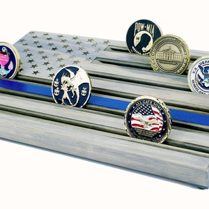 Thin Blue Line Challenge Coin Display Gray - Wood Flag Thin Blue Line - Challenge Coin Display Holder - Police Coin Display - Customizable -