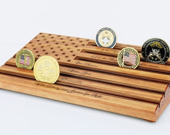 Wood Flag Coin Display - Pledge of Allegiance - Military Coin Display - Challenge Coin Rack - customizable - personalized