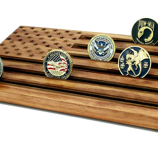 Wood American Flag - Military Challenge Coin Display Holder - customizable - personalized