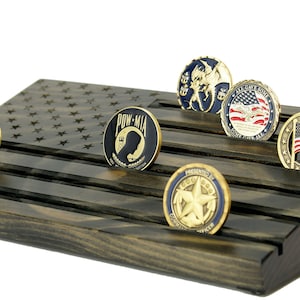 Wood American Flag Engraved Challenge Coin Display - Black