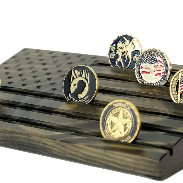 Wood American Flag Engraved Challenge Coin Display - Black