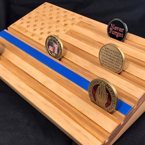 Police Coin Display - Thin Blue Line - Wood Flag - Challenge Coin Display - Blonde - Customizable - Personalized