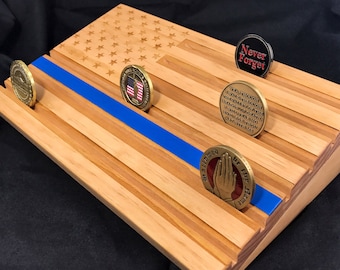 Police Coin Display - Thin Blue Line - Wood Flag - Challenge Coin Display - Blonde - Customizable - Personalized