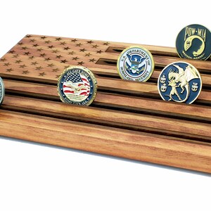 Red American Flag Wood Challenge Coin Display - Personalized