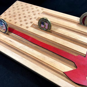 Thin Red Line - American Flag Challenge Coin Display - Firefighter Coin Holder - Axe Flag - Personalized