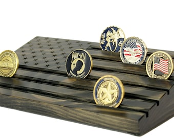 Wood American Flag  Challenge Coin Display - Black