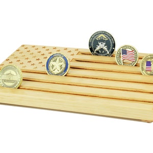 Wood Engraved American Flag Challenge Coin Display - Blonde
