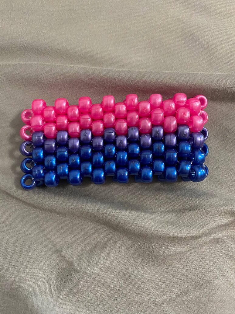 Kandi cuff bracelet, bi-pride triangles, forearm/large, pink blue purple  beads