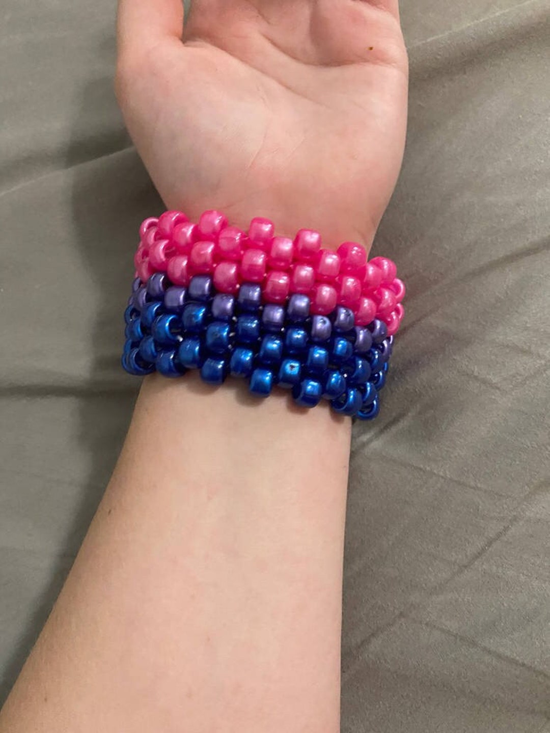 Kandi cuff bracelet, bi-pride triangles, forearm/large, pink blue