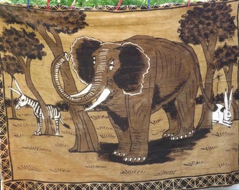 Kilim wall decoration, Authentic Mali African Vintage Tapestry handmade elephant, zebra rabbit brown/black mud Bambara fabric