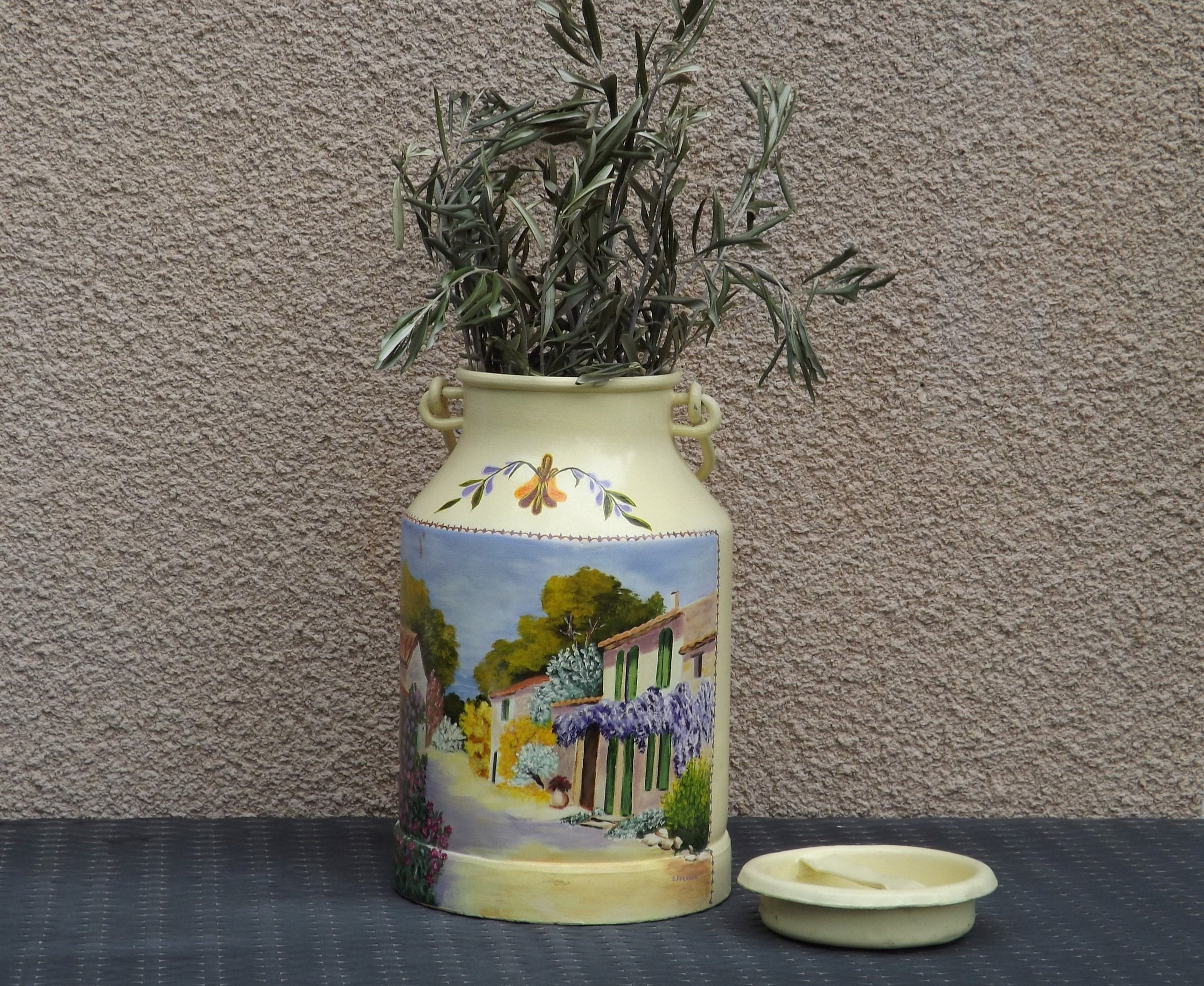 Ancien Pot à Lait avec Poignée Décoratif Peint La Main Village de Provence Signé E.faradon