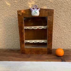 Vintage French small storage cabinet with two shelves, decorated with lace, / Handmade Rustic Home Decor