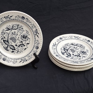 Lot 6 Antique Sarreguemines earthenware dinner plates France/decorated in white and cream with navy blue flowers/.