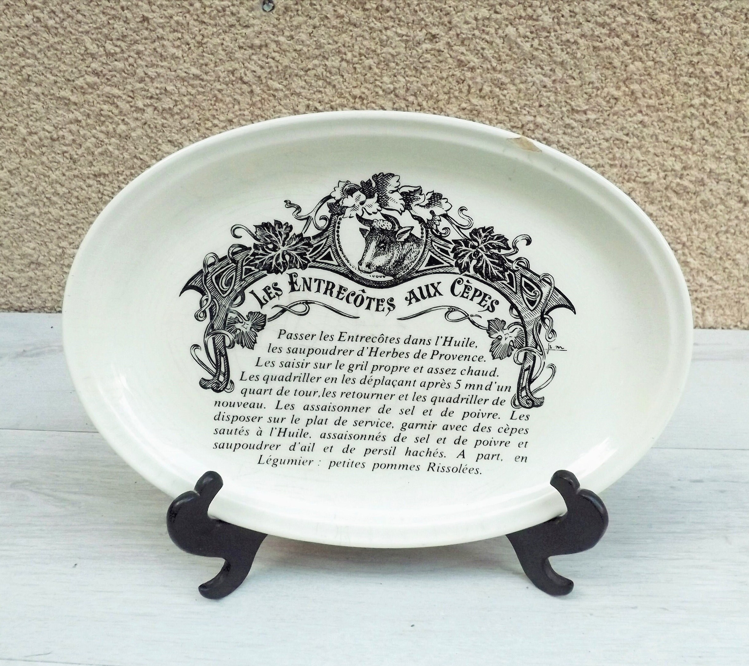 Rare Grande Gien France Plaque de Recette en Céramique Terre Fer Ovale Cuisson A 1160 C