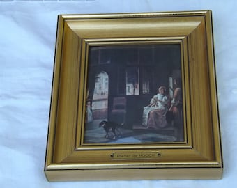 HELCA Pieter de HOOCH enamel painting "delivering a letter to a woman" hand hammered Gilt wood frame