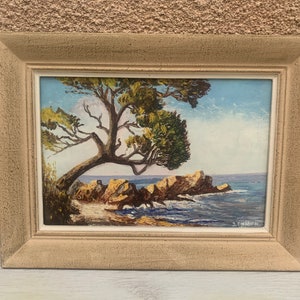 Antigua pintura al óleo sobre madera, finales del siglo 19, paisaje marino francés Riviera firma J.THIBON