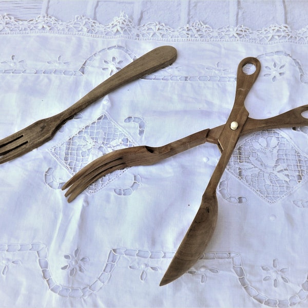 Ancienne Ensemble Ciseaux à salade naturels en bois et une fourchette /Untesil de ciseaux de cuisine en bois pour servir salades