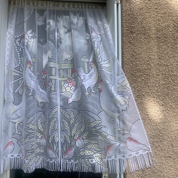 Vintage Lace Pair Curtains Panels/ Set of two curtains with a beautiful chicken, rooster, farm bird design