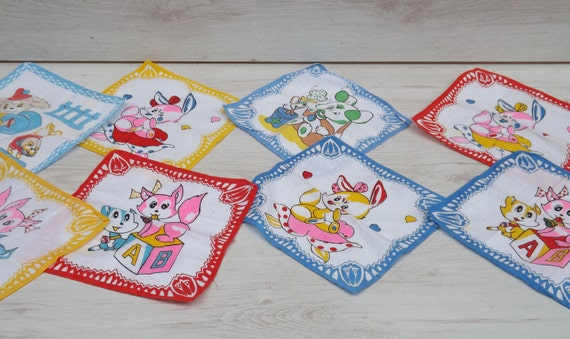 Orig Box 60s children handkerchiefs with animals embroidered French weekdays