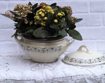 Antique French Soup tureen BADONVILLER half porcelain Badonviller model Primerose, intense blue flowers and birds on white background