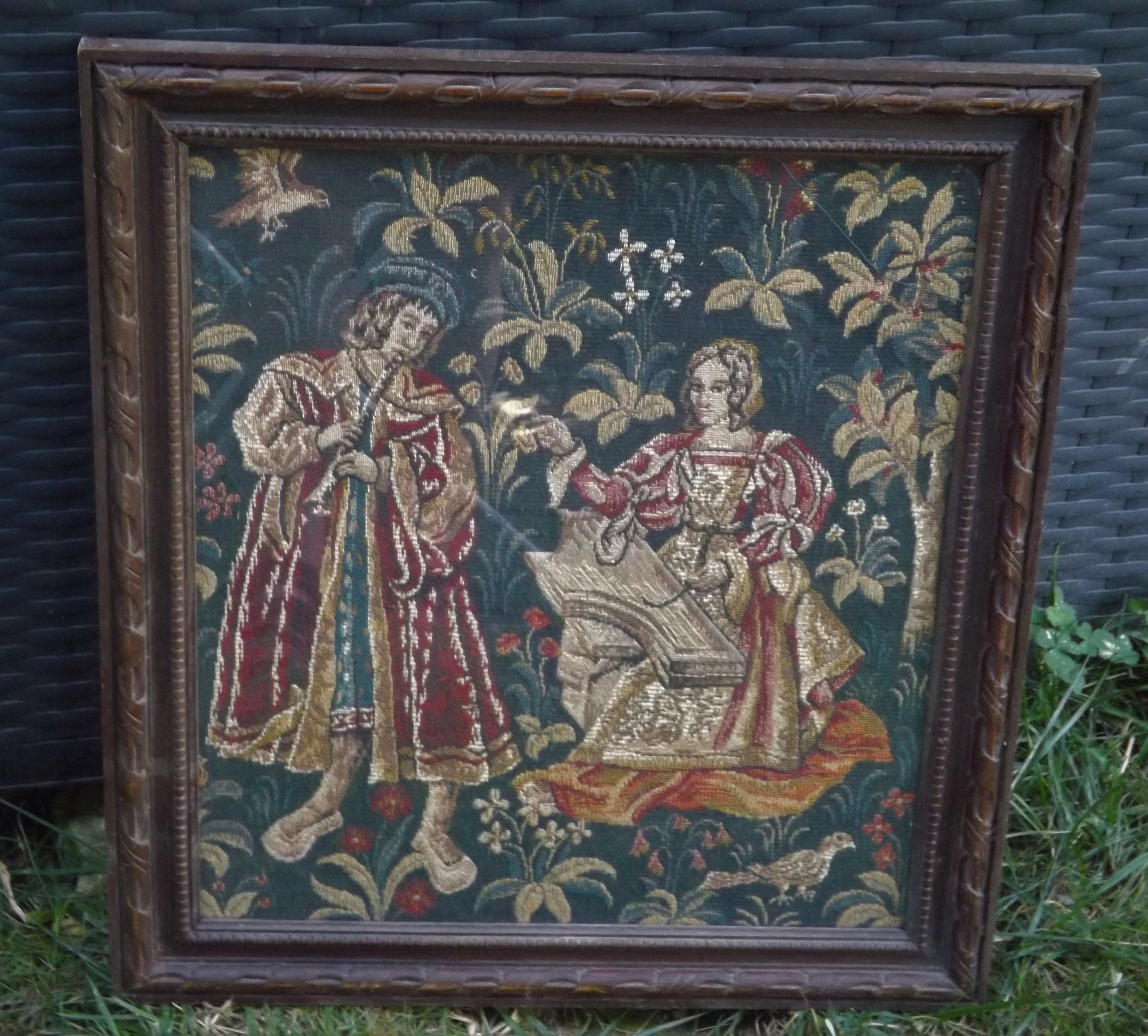 Antique Français Tapisserie Murale Ancienne Encadré Dans Un Cadre en Bois/Scène Romantique de La Bel