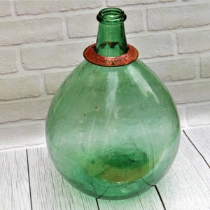 Vintage Authentic Demi-demijohn 20 liter carboy / Green colored glass carboy / Demi John.