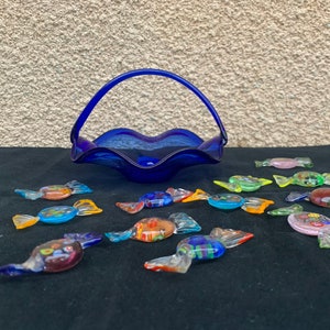 Vintage-Korb aus Muranoglas mit 10 Gläsern Süßigkeiten aus Venedig