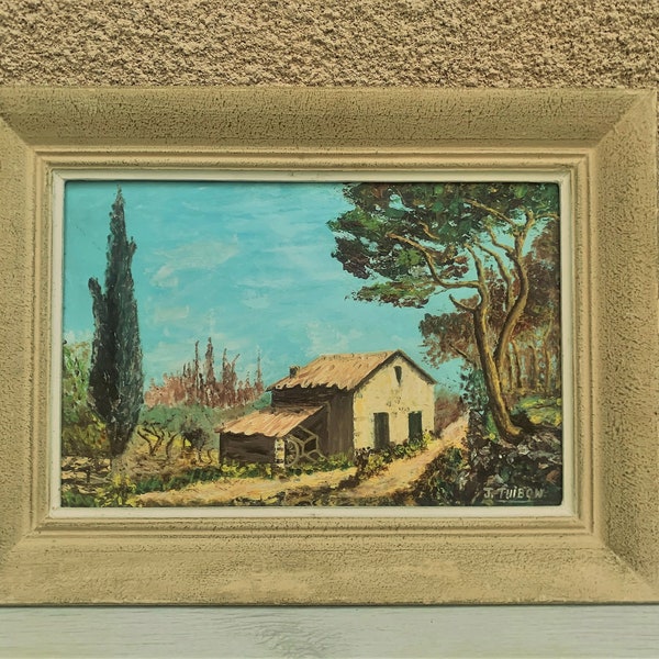 Ancienne peinture à l'huile sur bois,fin 19ème siècle paysage provençal français signature J.THIBON