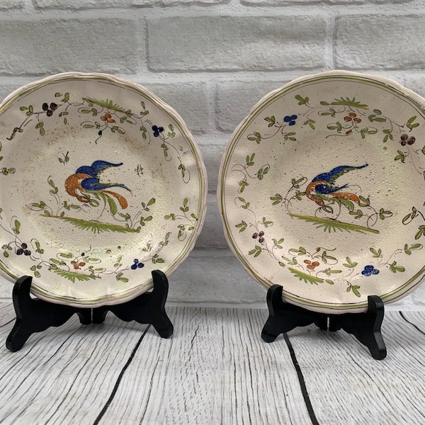 Lot 2 assiettes antique plat faïence de Moustiers oiseau Martres